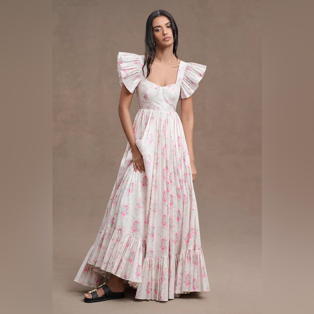 Maison Amory French Chateau Floral Flutter-Sleeve Gown